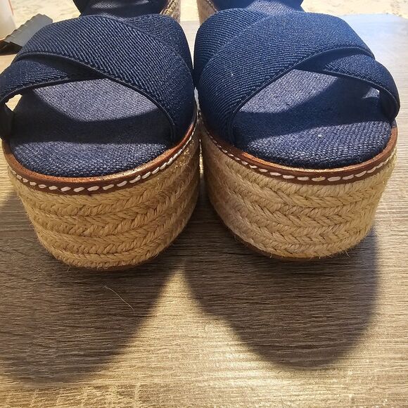 Tory Burch Freida Canvas Leather Blue Platform Espadrille Sandals Women’s Size 9 - Picture 3 of 5